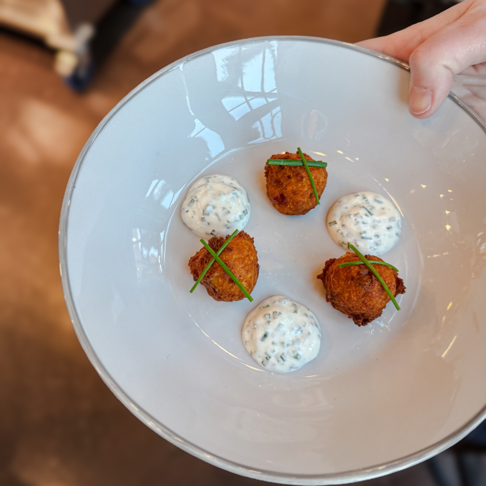 PEI Potato Bacon Cheddar Fritter with Sour Cream & Chive Dipping Sauce